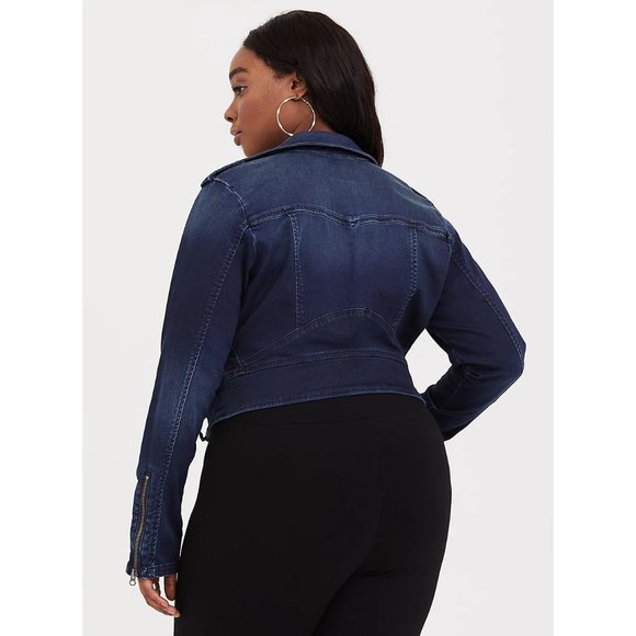 TORRID Dark Wash Indigo Stretch Denim Moto Jean Jacket sz 3X Womens Plus Trucker - Picture 2 of 13